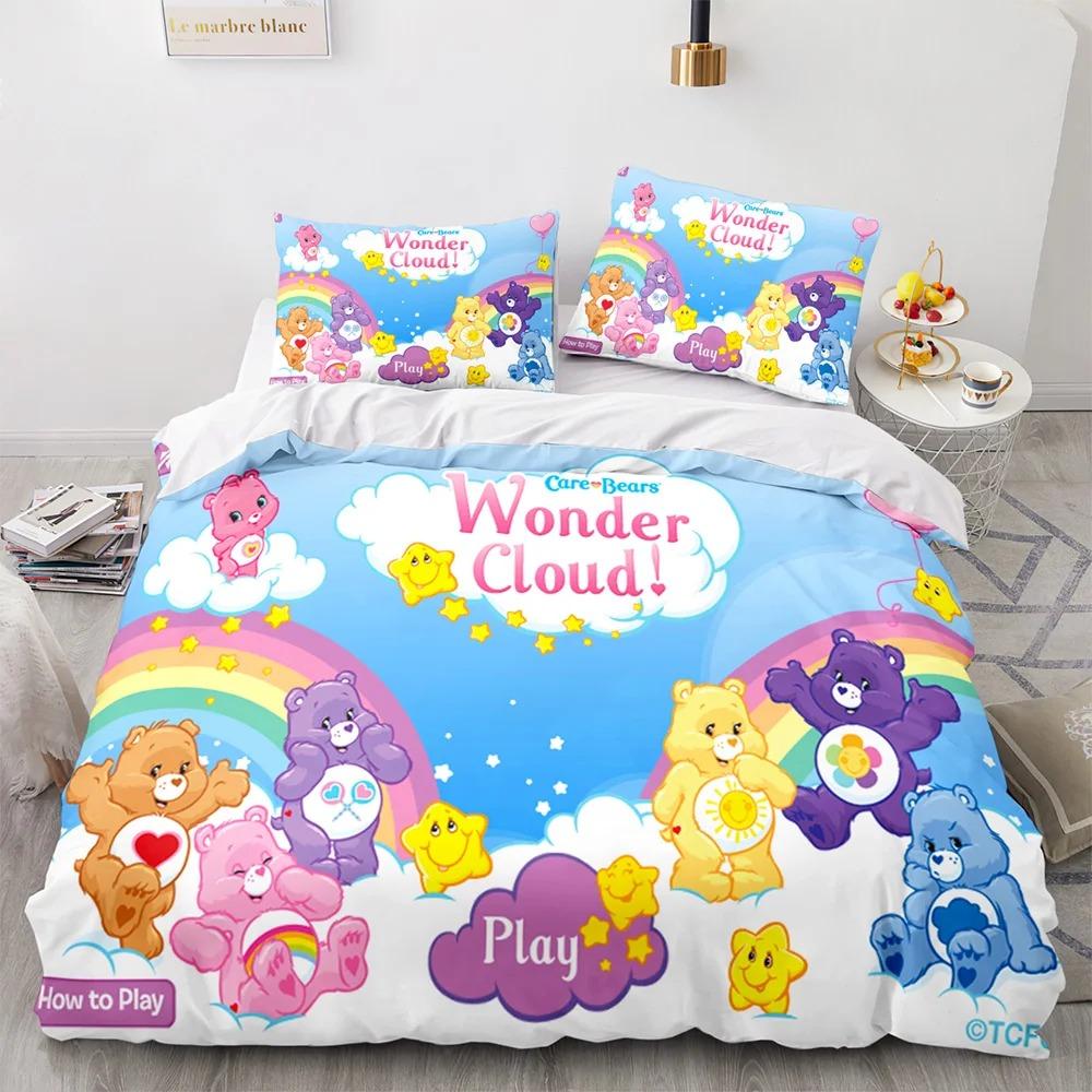 Cartoon Anime Care Bears Bettbezug-Set Kawaii Carebears Bettdeckenbezug Kissenbezug-Set Kinderbettwäsche-Set Dekor Full Queen King Size