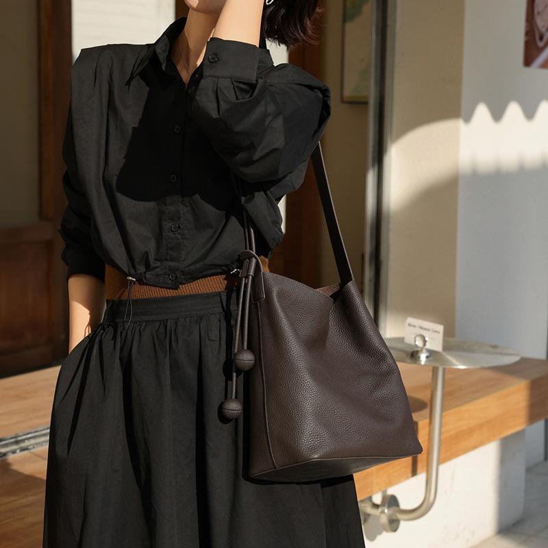 Bucket Bag, Light Luxury Hobo Women's Top Layer Cowhide Tote Bag, Commuting Large Capacity Shoulder Bag, Genuine Leather Women's Bag