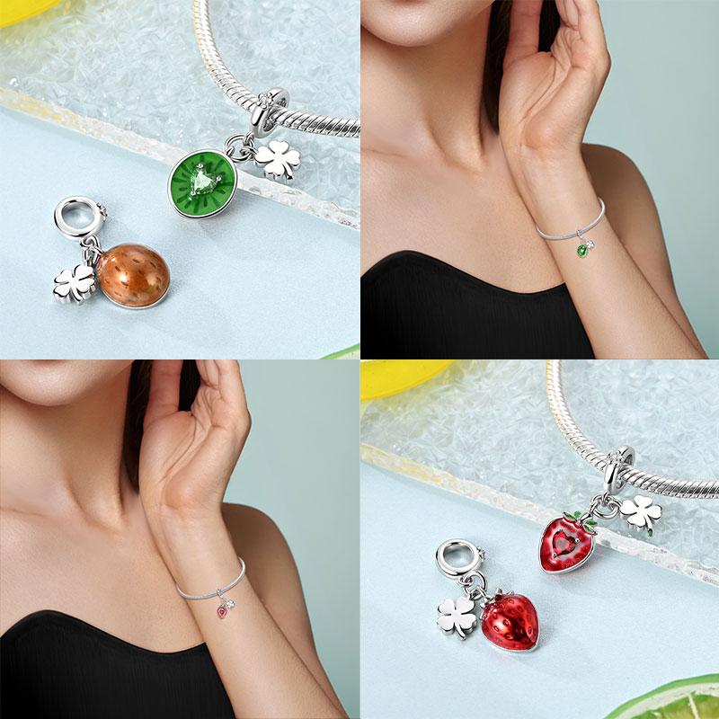 Miedziane Koniczynki Charms Koralik Kiwi Truskawka Wiśnia Miód Brzoskwinia Cytryna Zawieszki Pasują do Oryginalnej Bransoletki Biżuteria DIY