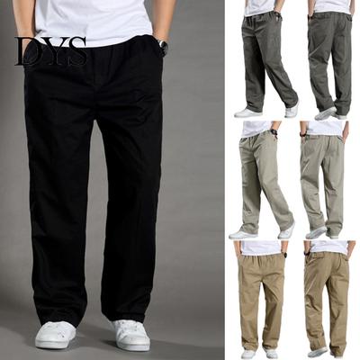 Large Pocket Cargo Trousers Men Pants Spring Fall Elastic Waist Drawstring Solid Color Casual Soft Loose Male Straight Wide Leg Menswear