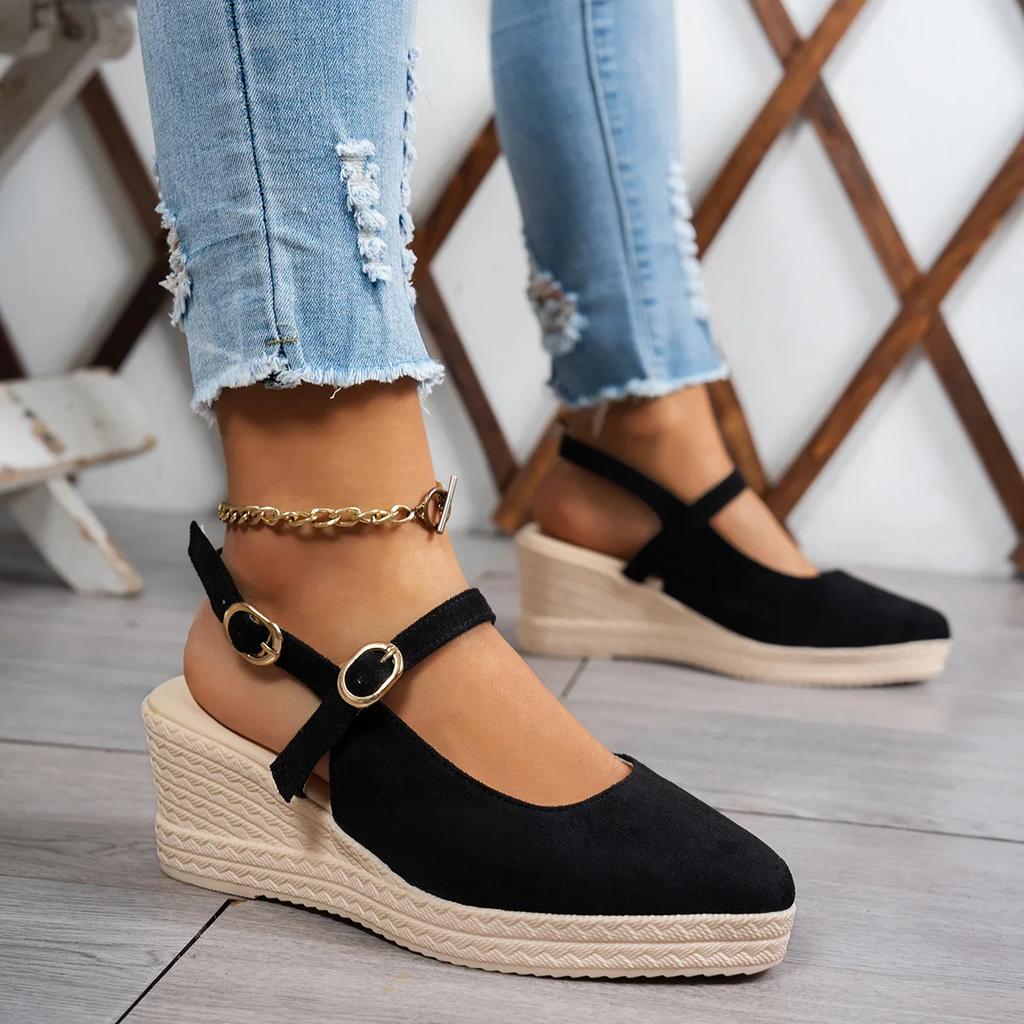 Жіночі ткані танкетки товсті підбори сандалі жіноча платформа сандалі весна нові замшеві високі підбори загострений ремінець модне взуття на товстій підошві