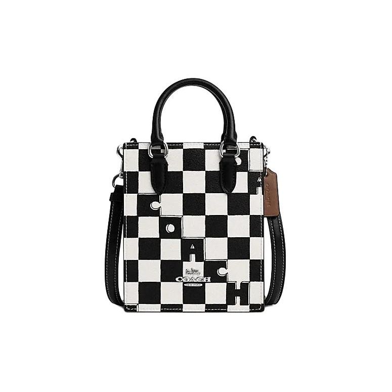 

Coach N/S 14 Checkered Print Faux Leather Tote Bag Shopping Handbag Mini Women tote Silver-Hardware Black Chalk CR180-SVA16 Basic Set (Bag+Dust Bag)