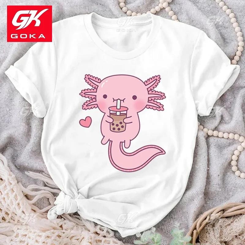 Cute Axolotl Drink Boba Tea Graphic Print Cottn T Shirt for Women Tops Lovely Short Sleeve Casual T Shirts Funny Ladies Tees S