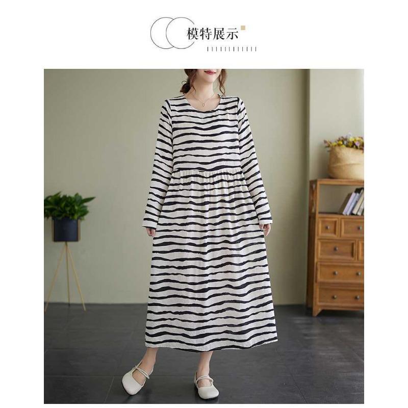 Vintage Literary Style Striped Printed Round Neck Long Sleeve Tie Dress