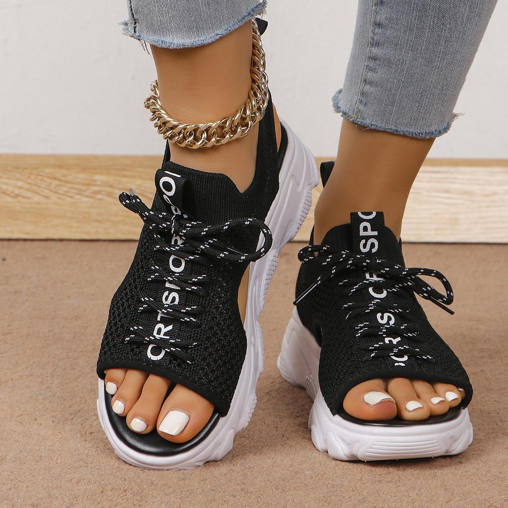 Fashion Women Sandals New Comfortable Knitted Platform Sandals Peep Toe Lace-Up Designer Versatile Casual Sporty Style Shoes for Women