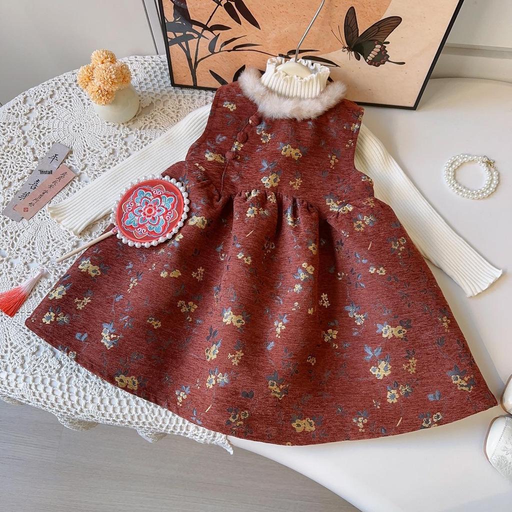 New Arrival: Thick Warm Chinese Style Sleeveless Winter Dress for Girls - Puffy Skirt