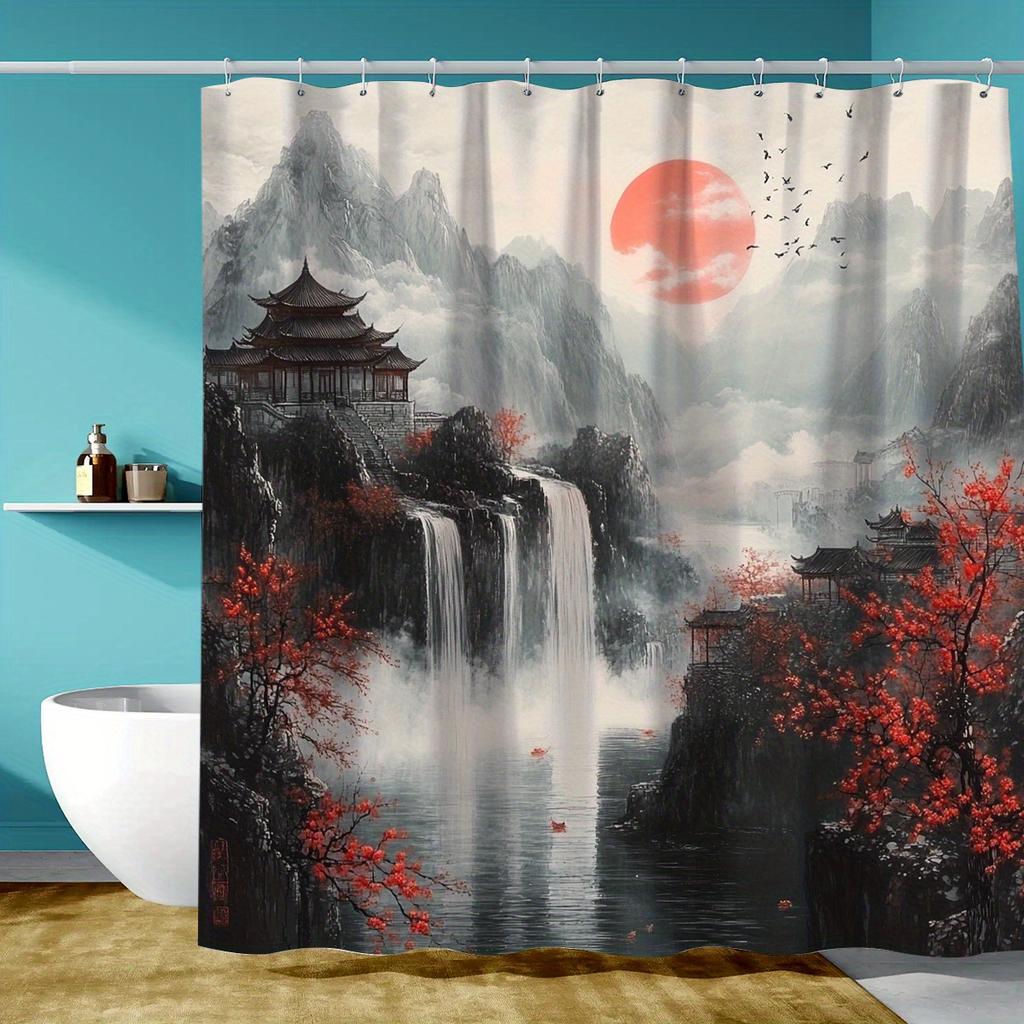 1pc Chinese Style Landscape Shower Curtain, Polyester, Serene Mountain & Waterfall Design, Easy-Care All-Season Bath Decor