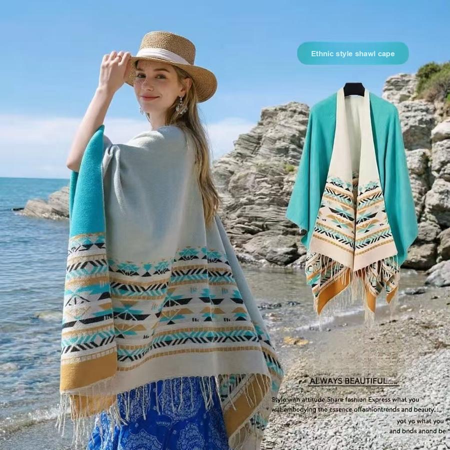 New Colorful Ethnic Style Shawl for Women, Tassels Fringe Thick Warm Cape for Travel Outdoor Outfit Accessory
