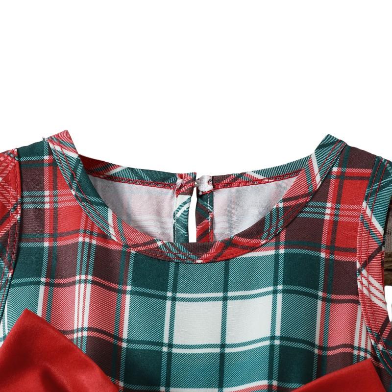 Dětské dívčí šaty bez rukávů s krajkovou mašlí vánoční kostkované šaty