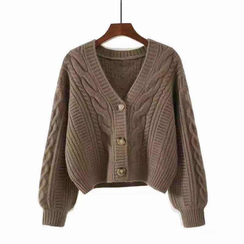 V-neck Twist Sweater Women's Loose Short Autumn and Winter Japanese Style Lazy Cardigan Top for Small People