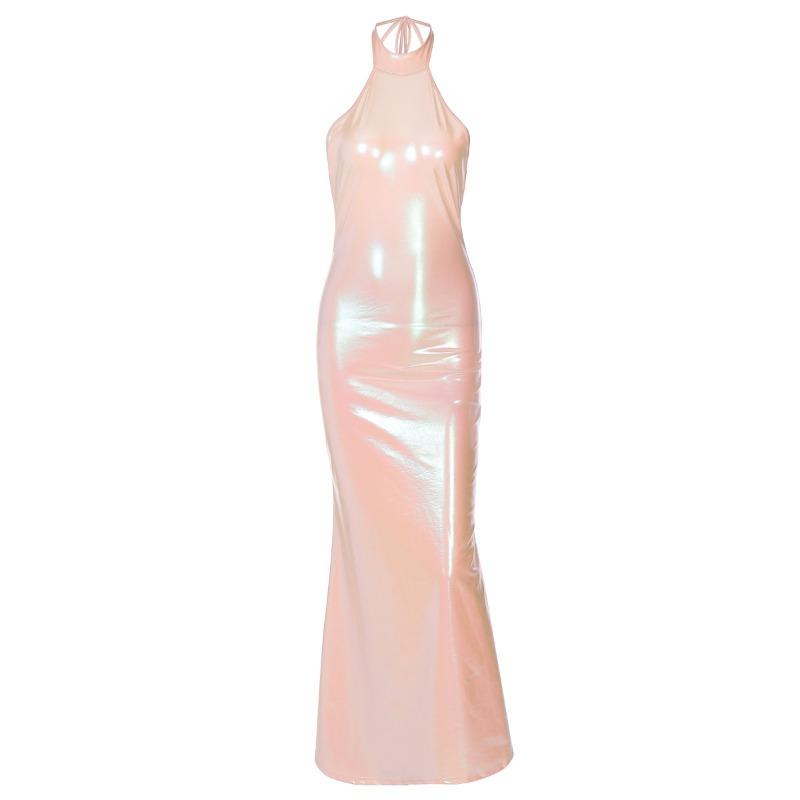 Women's Spring New Fashion Bright Colours Tie Hanging Neck Sexy Slim Backless Bow Dress