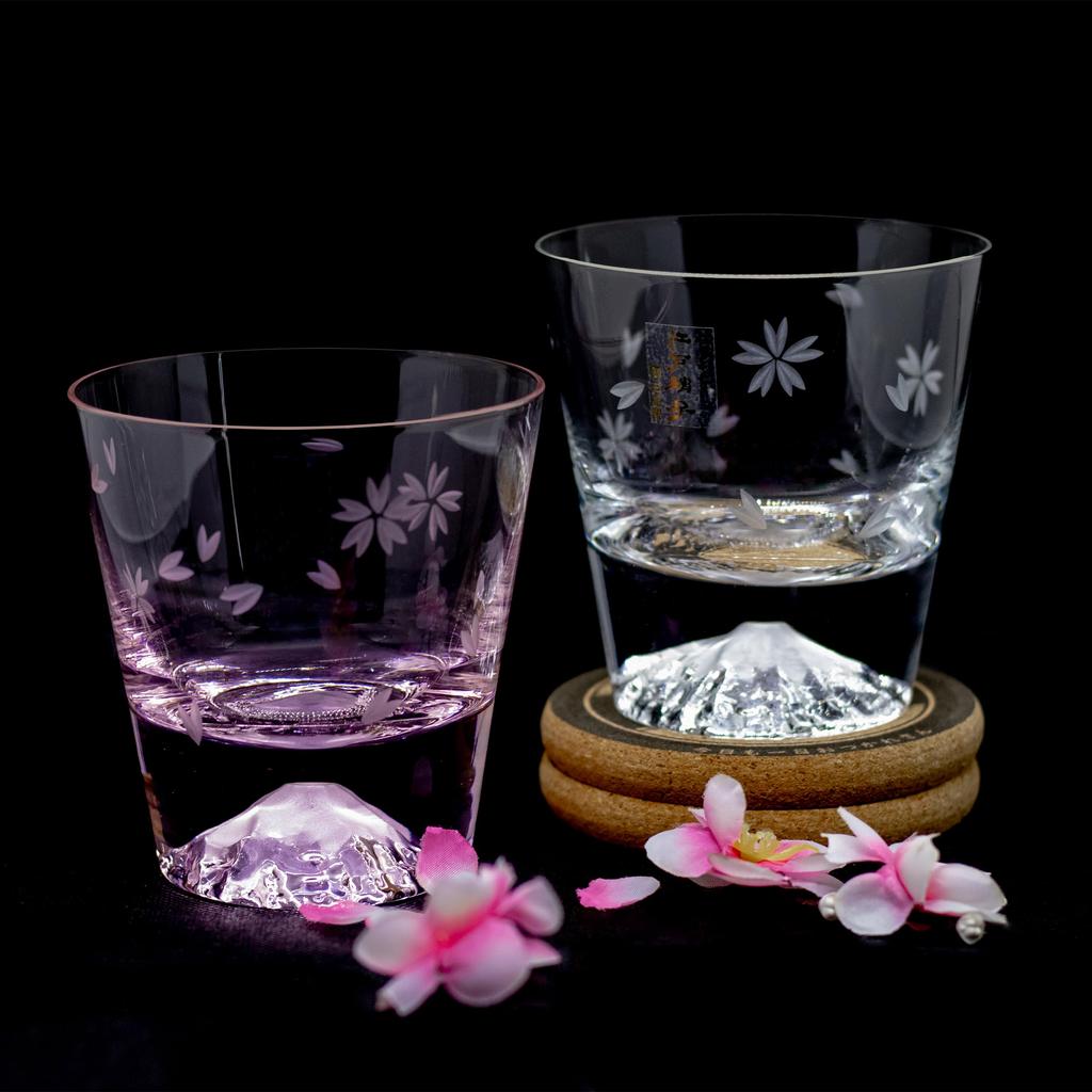 Tajima Glass Handcrafted Japanese Fuji Rocks Glass Sakura Kiriko and Wrapped In Sakura Furoshiki Includes Perfect for Respect for the Aged and [Gift]