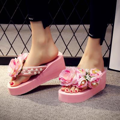 5CM Salto Alto Mulheres Verão Chinelo Feminino Lantejoulas Flor Flip Flop Férias Respirável Antiderrapante Chinelos Ao Ar Livre Sapatos De Praia