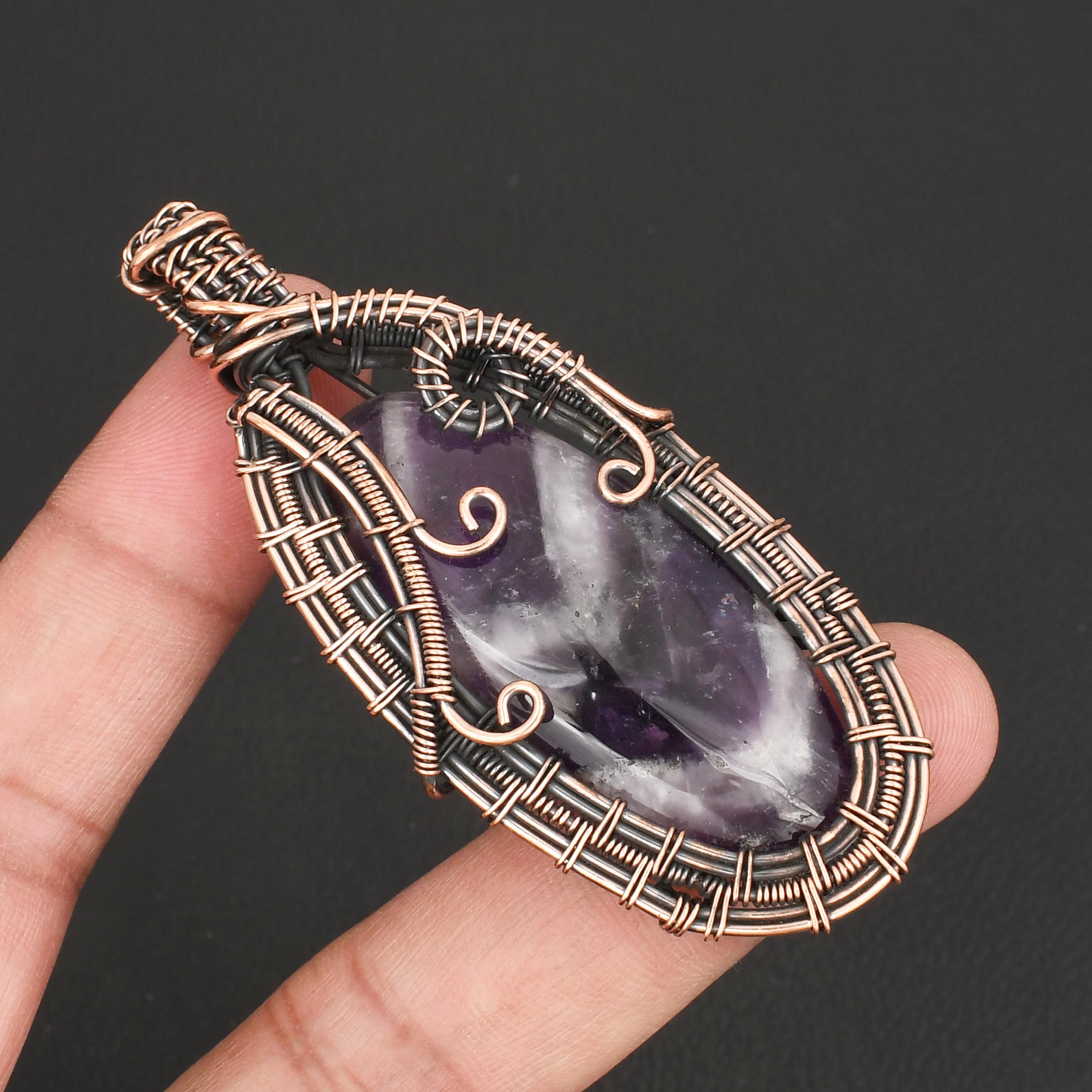 Handmade Copper Wire Wrapped Amethyst Pendant Necklace Natural Purple Amethyst Gemstone Jewelry for Women Vintage Boho Style