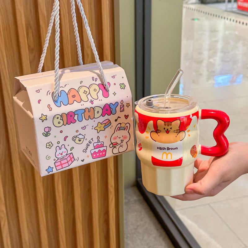 Milk Fufu Cute French Fries Straw Cup Girls' High-value Ceramic Mug for Girlfriends Birthday Gift Souvenirs