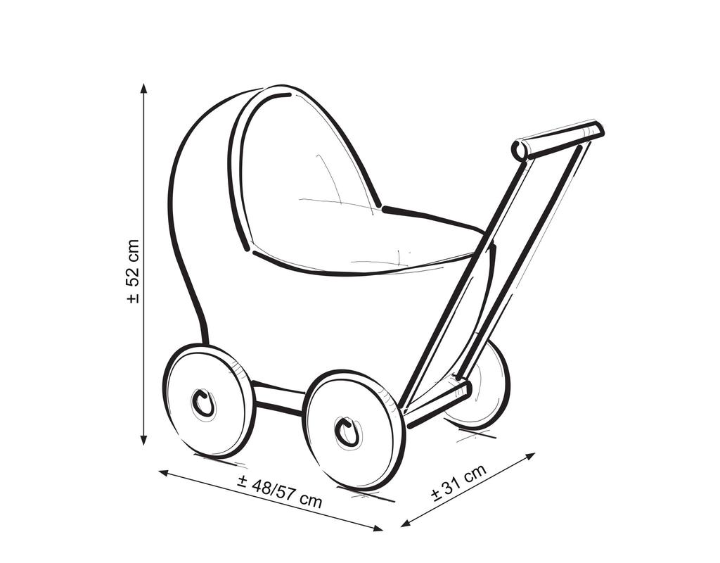 Witte rieten poppenwagen met grijze beddengoed en zachte voering