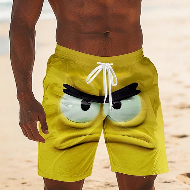 Lustiger Cartoon-Gesichtsdruck Herren Strandshorts Schnelltrocknend Atmungsaktiv Kordelzug Elastischer Bund Social Media Viraler Stil Badehose