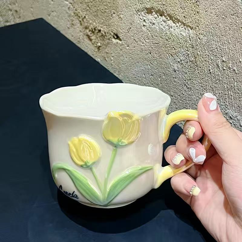 Tulip Ceramic Cup Exquisite Three-dimensional Relief Household Girl's High-Looking Coffee Cup Mug