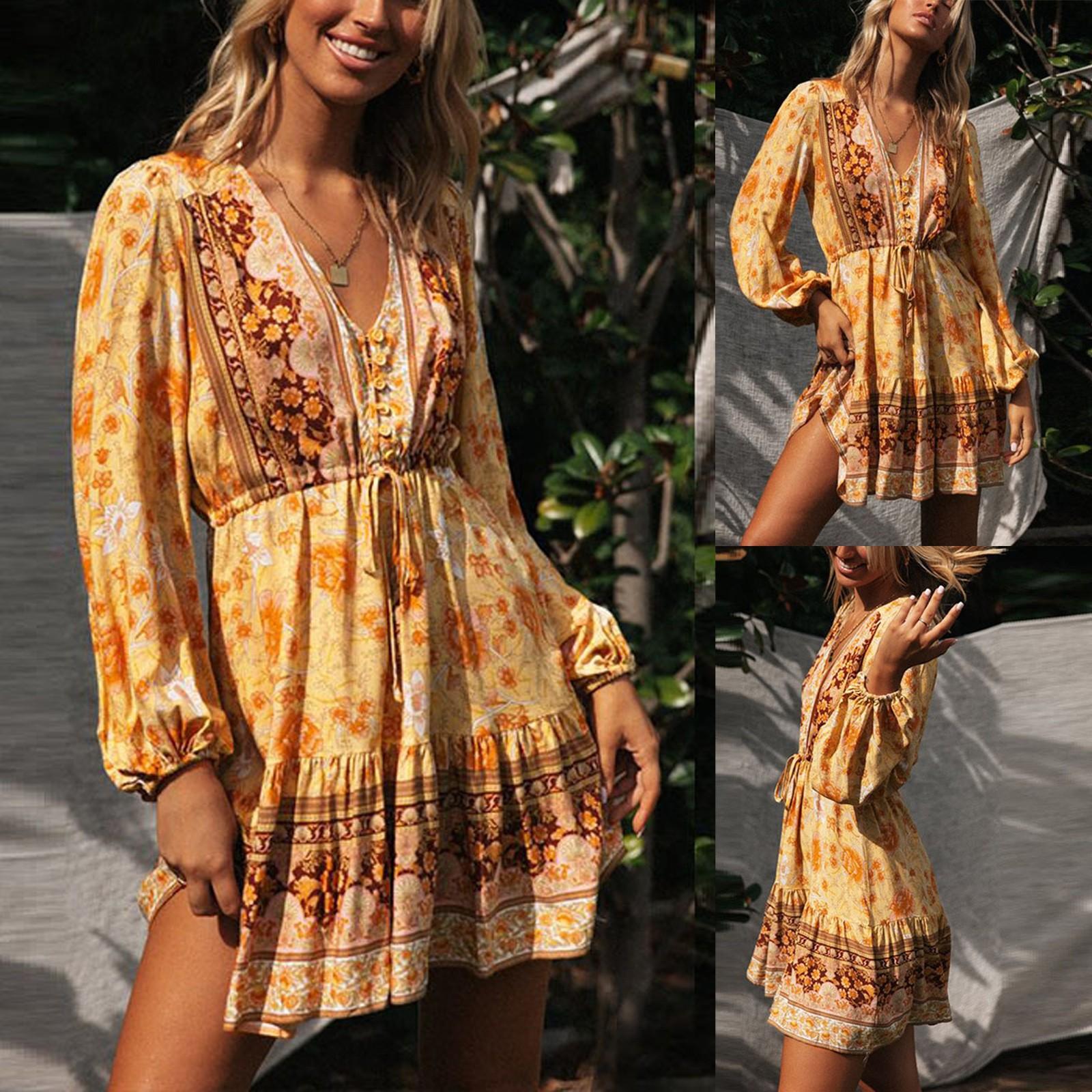 

Fashion Womens Floral Print Elegant Maxi Long Sleeve Knee-Length A-Line Dress