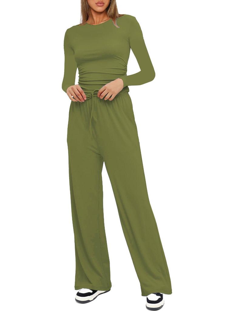 Kardashian Style Comfy Wide-Leg Tie-Up Set with Long Sleeves