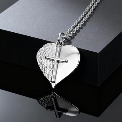 Moderne Kreuz Engelsflügel Herz Anhänger Halskette für Männer Frauen Edelstahl Kreativer Wasserdichter Schmuck Geschenk