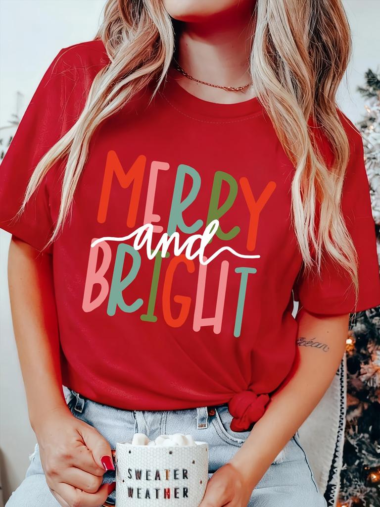 Merry And Bright Simple Text Printed Round Neck Tshirt Summer Womens Essential Casual Slimming Top Small Gift