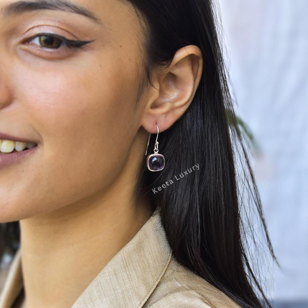Natural Amethyst Earrings Handmade Earrings for Women Square shape dangle hook Earrings Healing crystal earrings Bridesmaid Gift