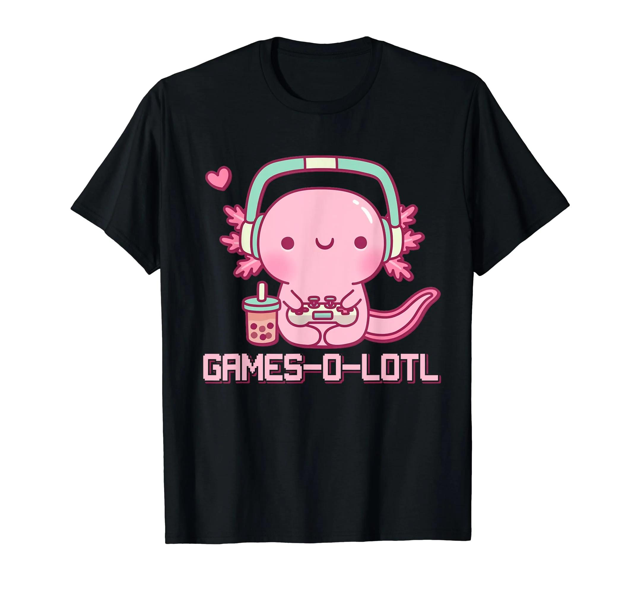 GamesOLotl Axolotl Gamer Kawaii Bubble Tea Graphic Tee Soft Unisex TShirt L