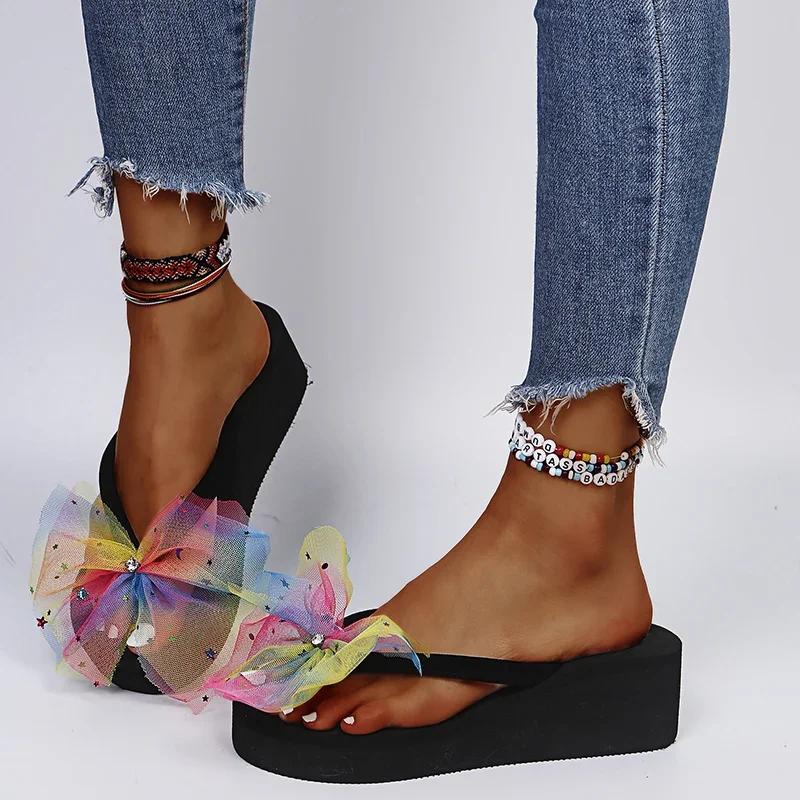 Fashion Summer Colorful Mesh Bowknot Flip Flops for Women Star Sequins Wedges Clip Toe Sandals Woman Lightweight Platform Beach Slippers