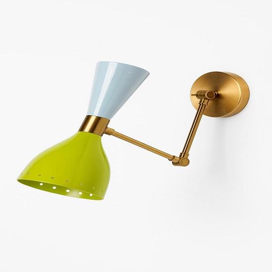 Mid-Century Modern Wall Sconce: Black  White Cone Shade, Raw Brass Lamp