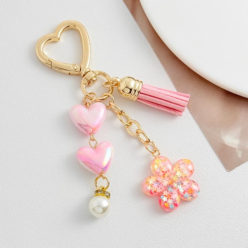 Pink Love Heart Key Chain Pearl Flower Pendant Key Ring Pendants For Women Girls Handbag Decor Jewelry Gift