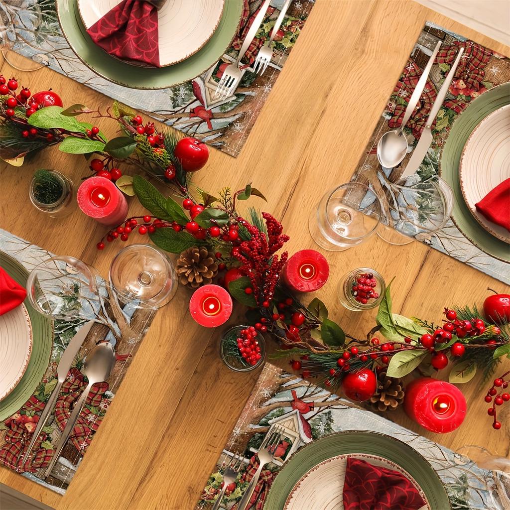 4pcs Festive Red Cardinal Bird Trees Print Woven Linen Rectangle Placemats Durable Hand Washable Heat Resistant