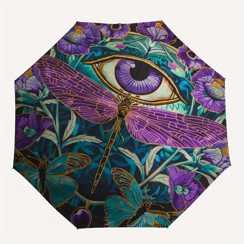 Enchanted Garden: Dragonfly & Eye Tapestry Umbrella, Cute Umbrella with Cute Design, Portable 3-Fold Compact Umbrella for Men & Women, Valentine's Day