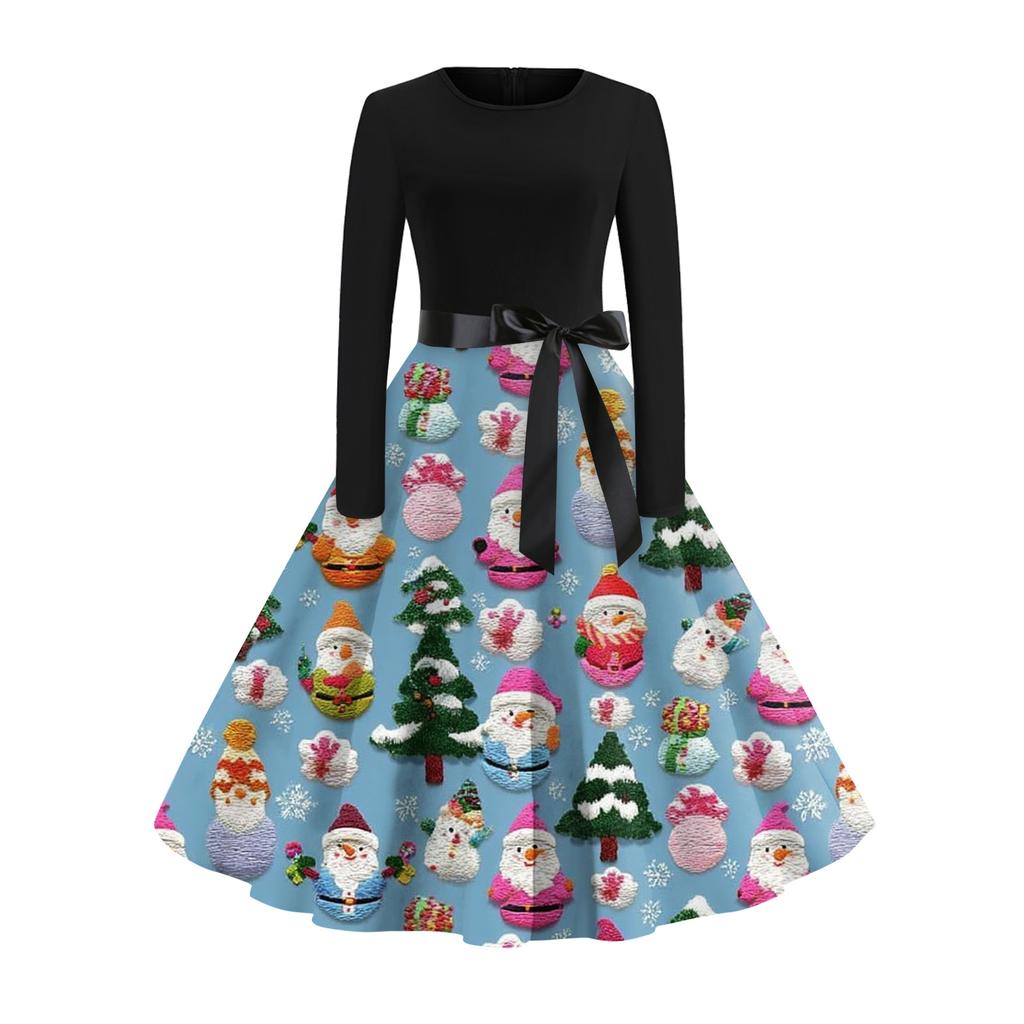 Women's Fashionable And Elegant Autmn And Winter Long-sleeved Round Neck Christmas Print Dress