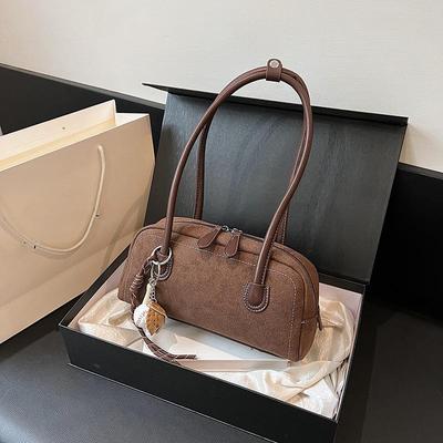 New Suede Shoulder Bag for Women Multi Pocket Underarm Bag Faux Suede Solid Color Handbag Zipper Satchel Bag for Work Shopping
