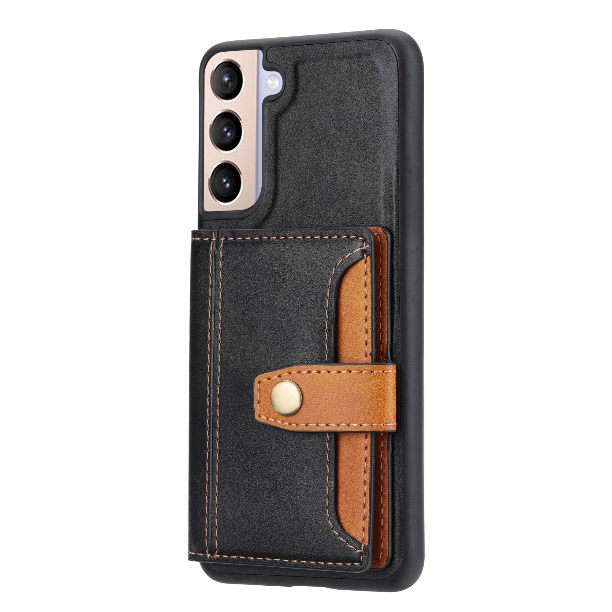 

For Samsung Galaxy S23 Protective Phone Case Card Slots Kickstand Design PU Leather Coated TPU Back Cover Black
