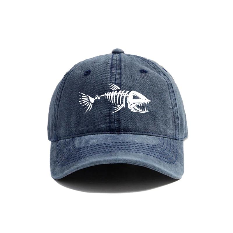 White Fishbone Printed Baseball Cap, Vintage Style, Fashionable and Versatile for Both Men and Women
