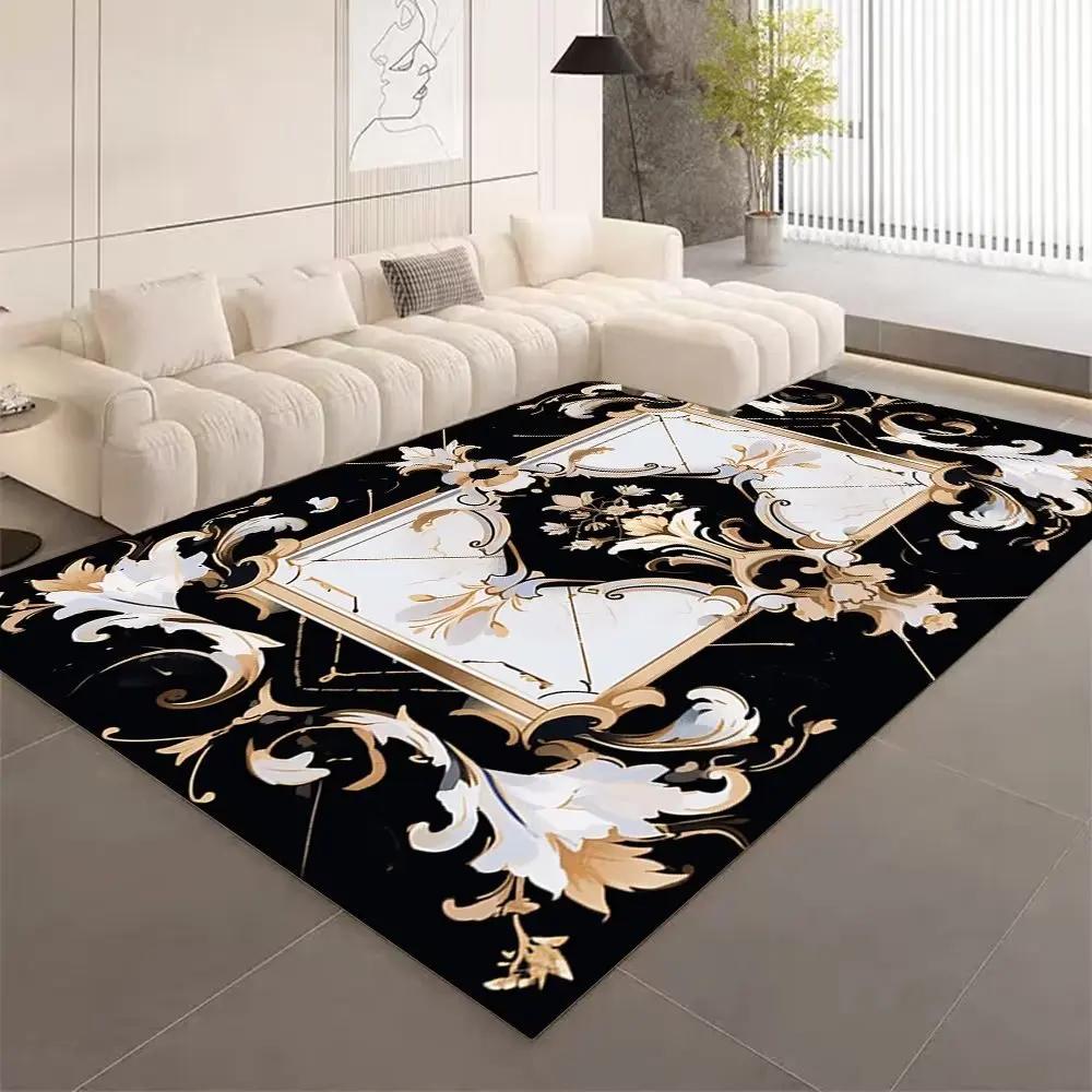 European Style Living Room Carpet Home Decoration Black Golden Carpets Marble Geometric Sofa Lounge Rug Luxury Bedroom Floor Mat