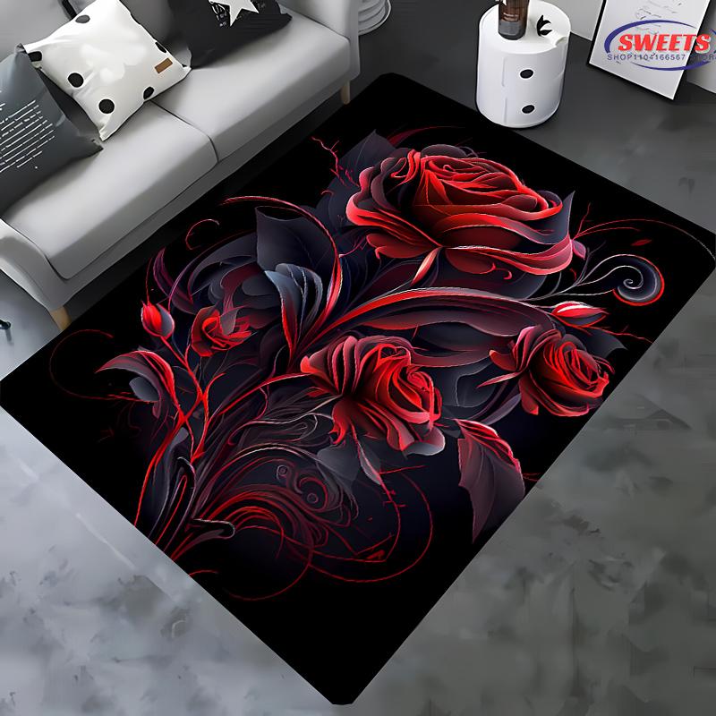 15 Sizes Dark Red Rose Art Carpet Rug for Living Room Bedroom Sofa Doormat Non-slip Floor Mat, Modern Style Mat Wonderful Gift