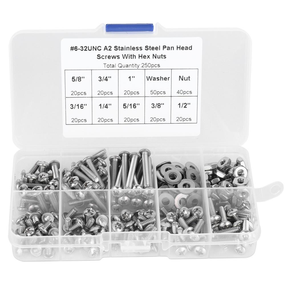 304 Stainless Steel Screws Cross Pan Head Screws with Hex Nuts Washers Screw Kit250pcs #632UNC