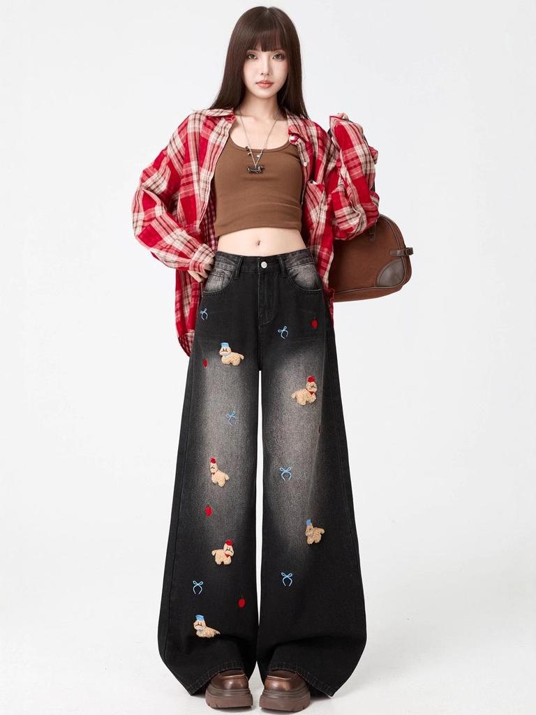Women's Retro Puppy Embroidered Wide-Leg Jeans - Autumn Slimming Design