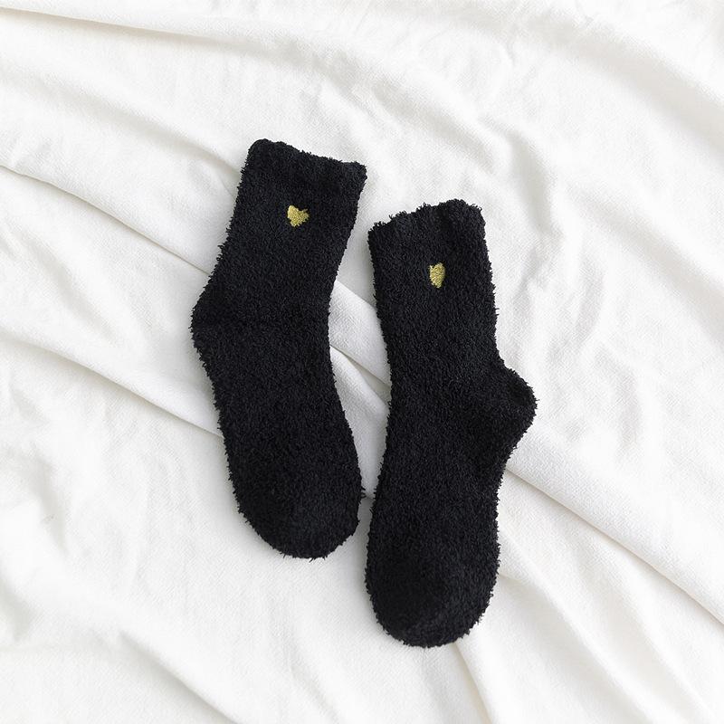Home Indoor Cozy Floor Socks Winter Warm Soft Coral Fleece Socks Cute Heart Embroidery Thick Socks Fluffy Terry Short Sox Female