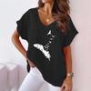 2023 Summer Women's V-neck Batwing Sleeve T-shirt with Feather Print