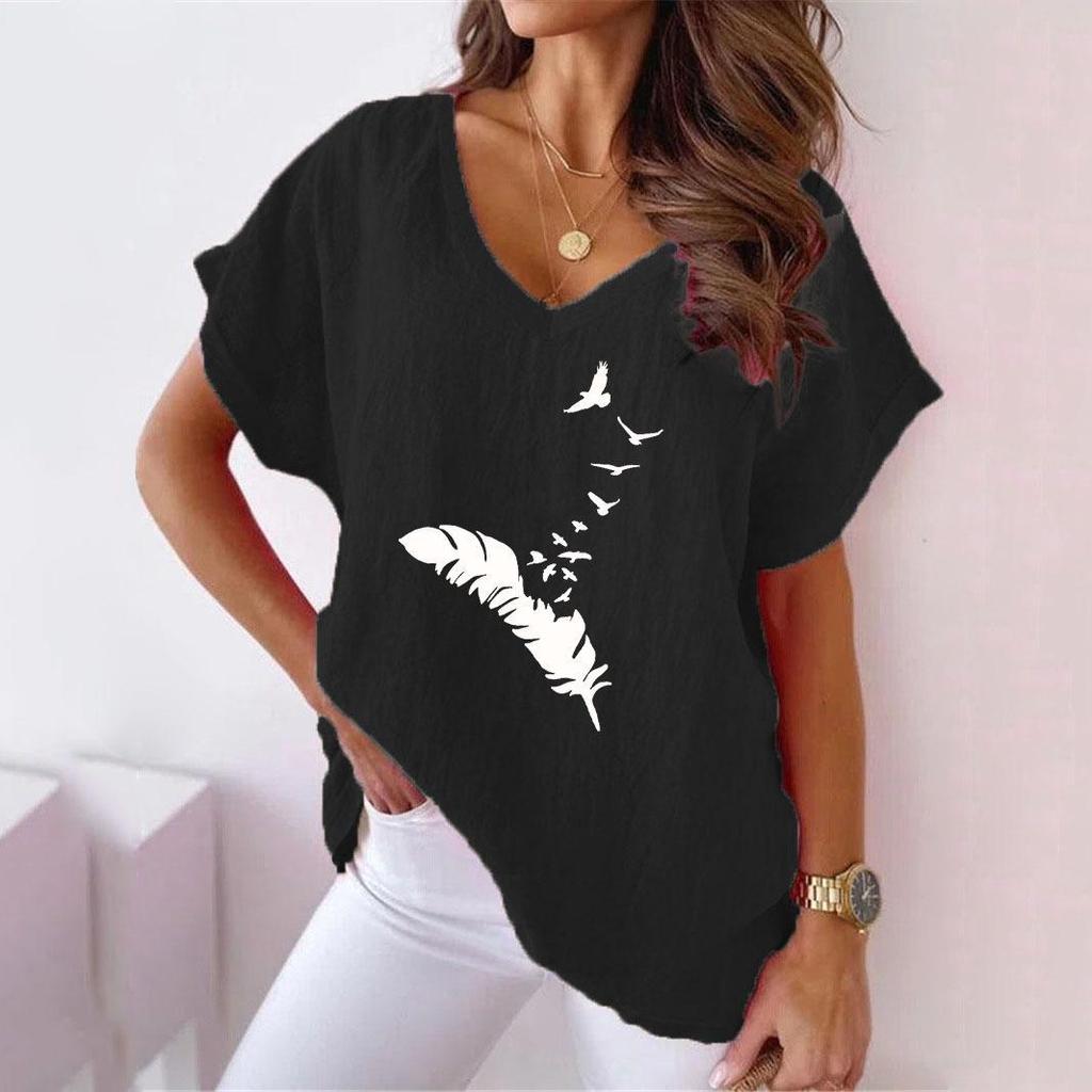 2023 Summer Women's V-neck Batwing Sleeve T-shirt with Feather Print