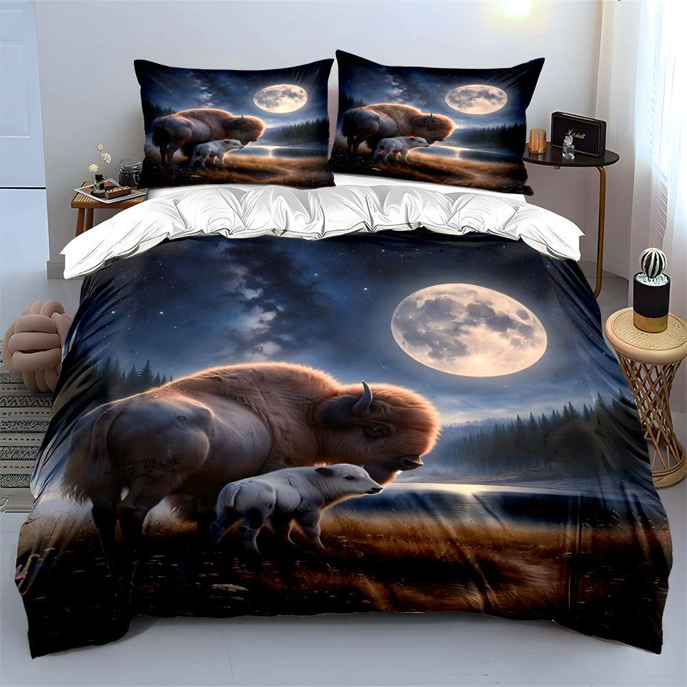 Majestic Bison and Calf Scene Bedding Duvet Cover Set (1*Duvet Cover 2*Pillowcases, Without Duvet Insert)