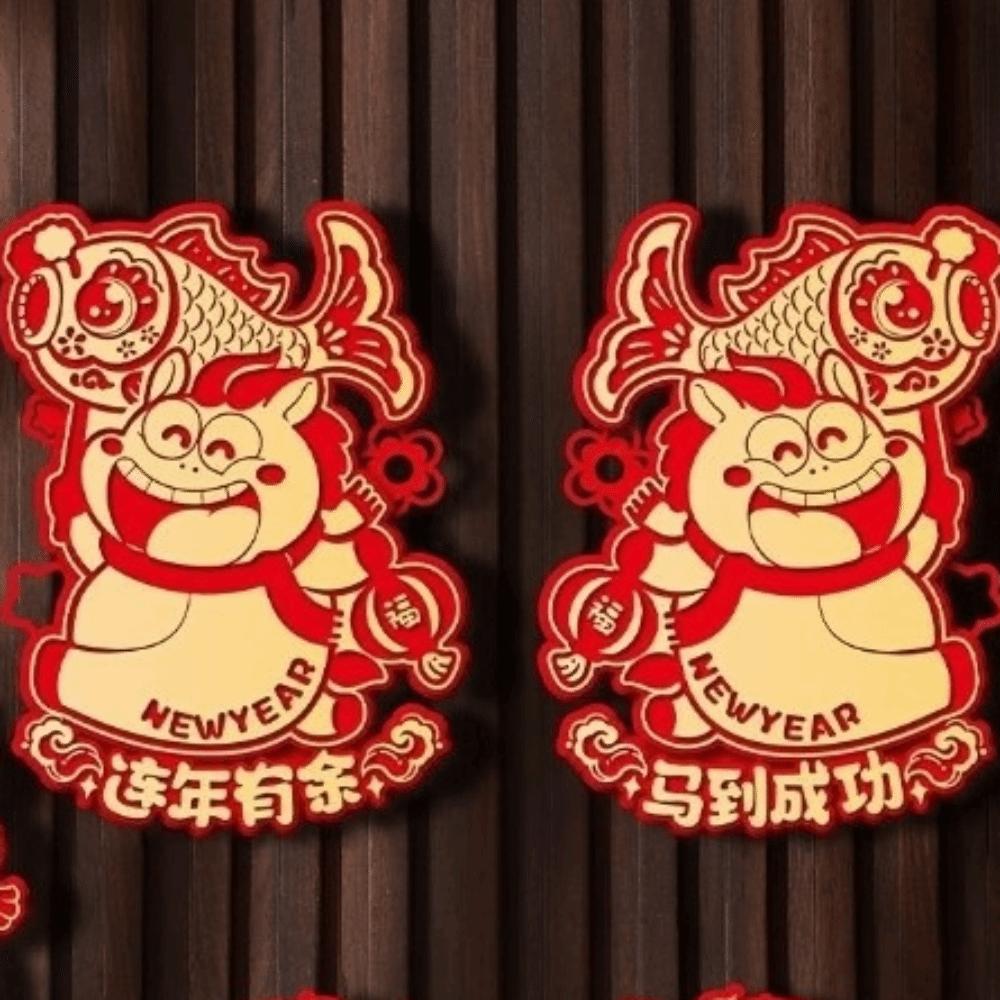 1 pair Chinese Style Zodiac Horse Wall Stickers Traditional Paper Fu Character Sticker Blessing Cartoon Blessing Sticker