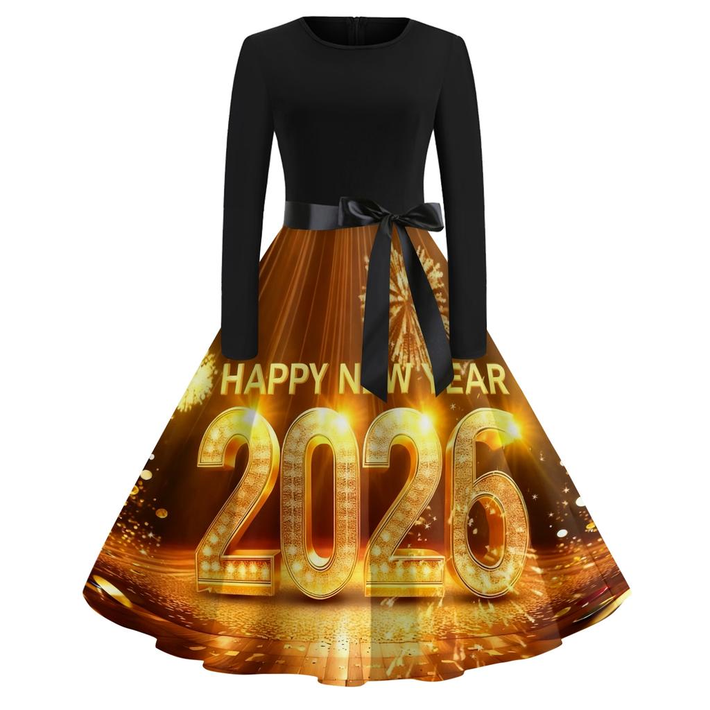 Women's Casual Fashion Round Neck Long Sleeve New Year Printed Retro Dress