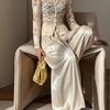 Women Satin Bloomers, High Waist Wide Leg Trousers, Pure Color Loose Fit Flowing Pants for Office Date Night Casual Daywear