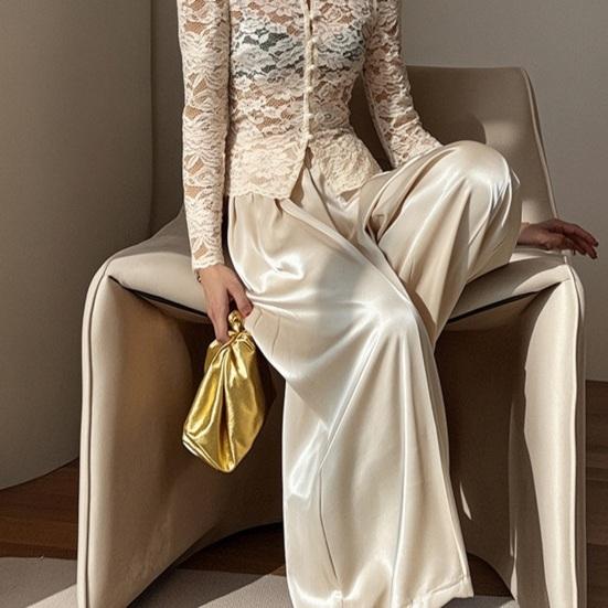 Women Satin Bloomers, High Waist Wide Leg Trousers, Pure Color Loose Fit Flowing Pants for Office Date Night Casual Daywear