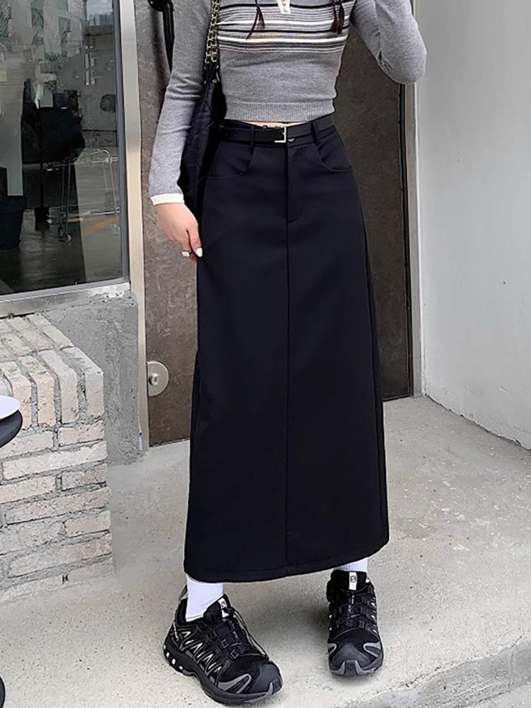 Plus Size Slimming Grey A-Line Midi Skirt with Slit